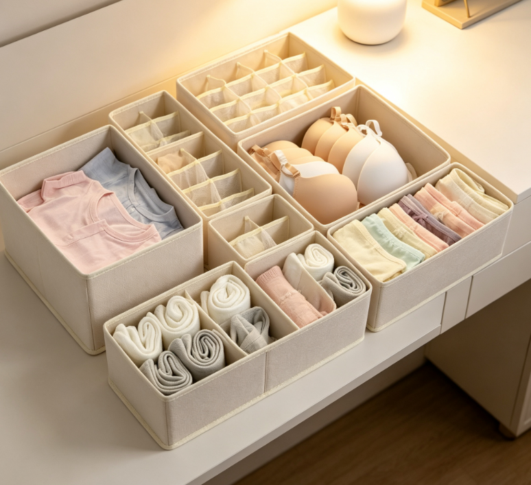 Off-White Fabric Compartmentalized Underwear Organizer – Drawer Organizer for Undergarments