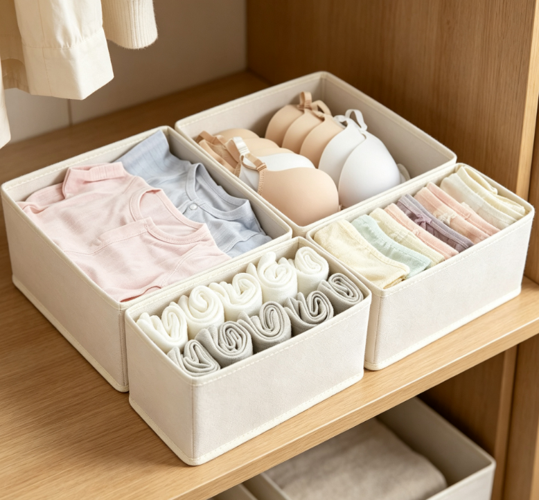 Off-White Fabric Compartmentalized Underwear Organizer – Drawer Organizer for Undergarments