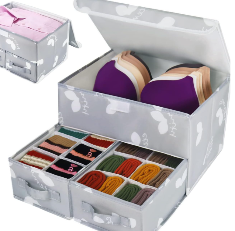 Lidded Fabric Organizer Box with Compartments – Dust-proof Storage for Underwear, Panties, and Socks