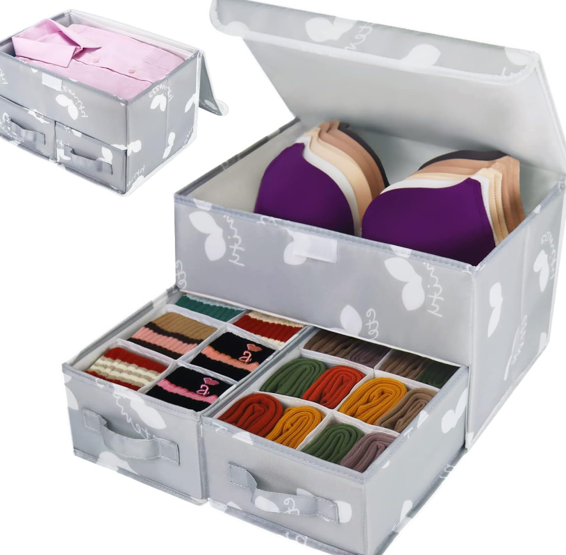Lidded Fabric Organizer Box with Compartments – Dust-proof Storage for Underwear, Panties, and Socks