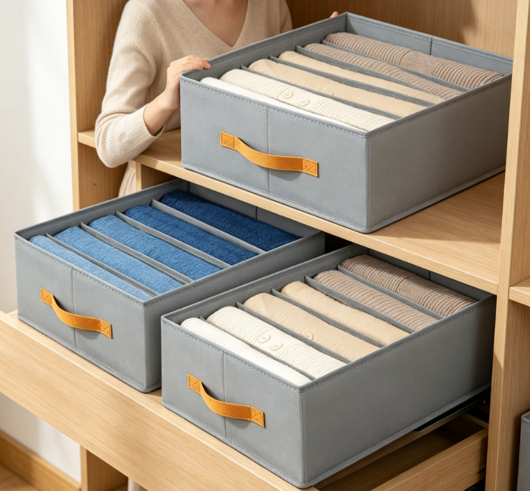 Fabric Storage Box with Handle & Dividers – For Wardrobe Drawers (Pants/Underwear)