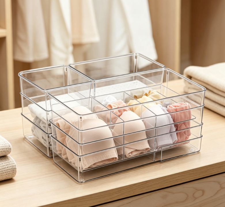 Large-Section Acrylic Organizer Tray – Dual-Use Drawer Divider for Underwear & Jewelry