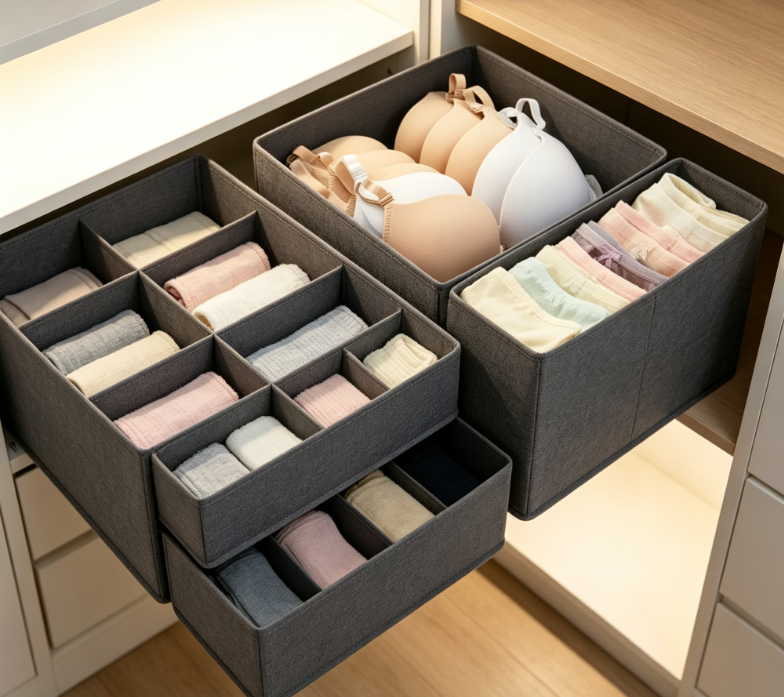 Dark Grey Thickened Fabric Underwear Organizer – Wardrobe Drawer Storage Box