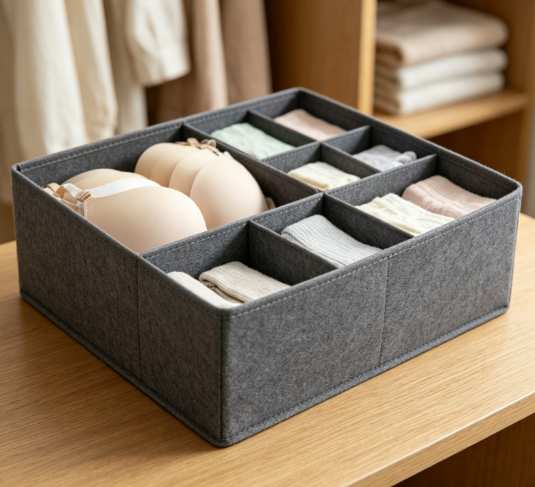 Dark Grey Thickened Fabric Underwear Organizer – Wardrobe Drawer Storage Box