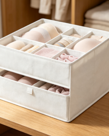 Cream-White Stackable Fabric Storage Box – Compartmentalized Organizer for Underwear & Panties