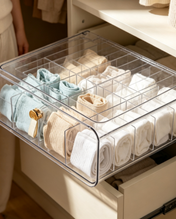 Dust-proof Acrylic Organizer with Gold Handle – Multi-Compartment Sock Drawer Organizer