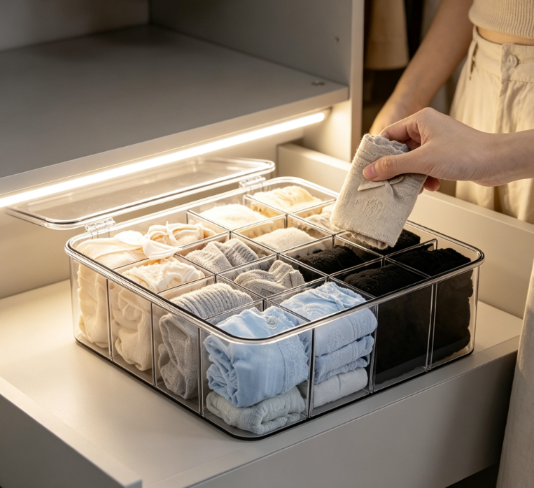 Hinged-Lid Acrylic Compartment Box – Ideal for Walk-in Closet Lighting