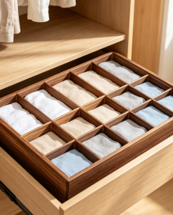 Dark Walnut Vintage-Style Drawer Organizer Tray – Multi-Compartment Storage for Socks & Underwear