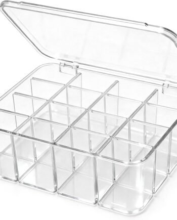16-Compartment Transparent Plastic Storage Box with Lid and Adjustable Dividers