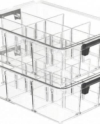 2-Pack Plastic Drawer Organizer Boxes with 9 Removable Dividers and Transparent Lids