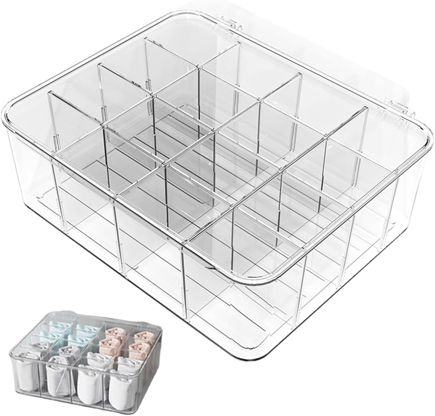 16-Compartment Transparent Plastic Stackable Underwear Storage Box, Suitable for Organizing Bras, Socks, and Other Small Items