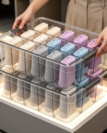 Features minimalist matte handles on both sides, allowing the entire unit to be lifted out of the drawer for easy cleaning. The stackable two-tier design maximizes storage capacity, while the dense grid layout is perfect for organizing large quantities of rolled socks. Its transparent, premium aesthetic complements high-end, illuminated walk-in closets. Made from durable, resilient acrylic, the unit won't crack under the weight of stacked layers and is easily portable—making it ideal for both rental properties and permanent homes.